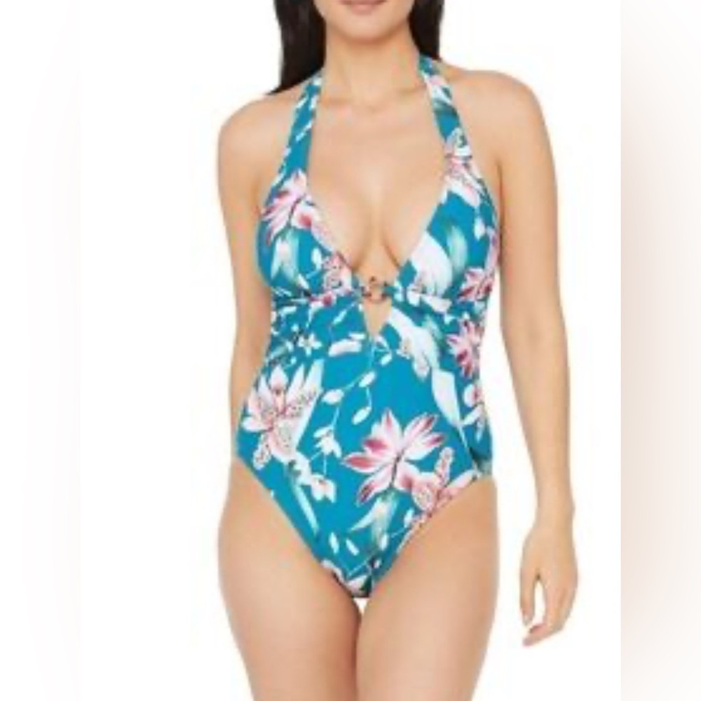 La Blanca Teal Blue Tropical Floral One Piece Swimsuit Halter Neck Size 8